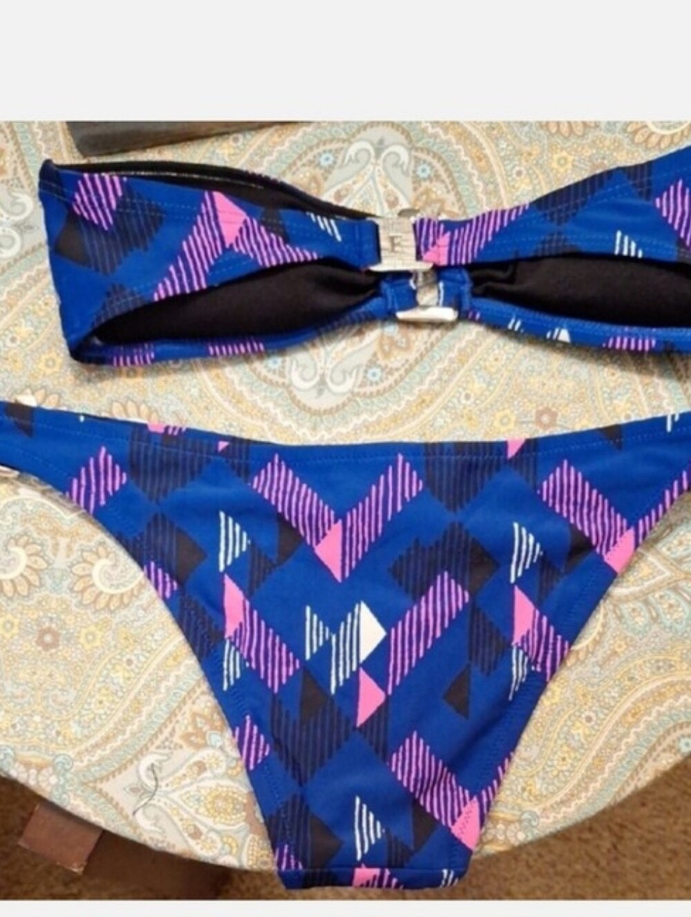 French Connection Blue & Pink Geometric Bikini. NWOT Size XS